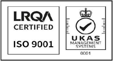 LRQA certified ISO 9001 mark with UKAS Management Systems 0001 accreditation mark
