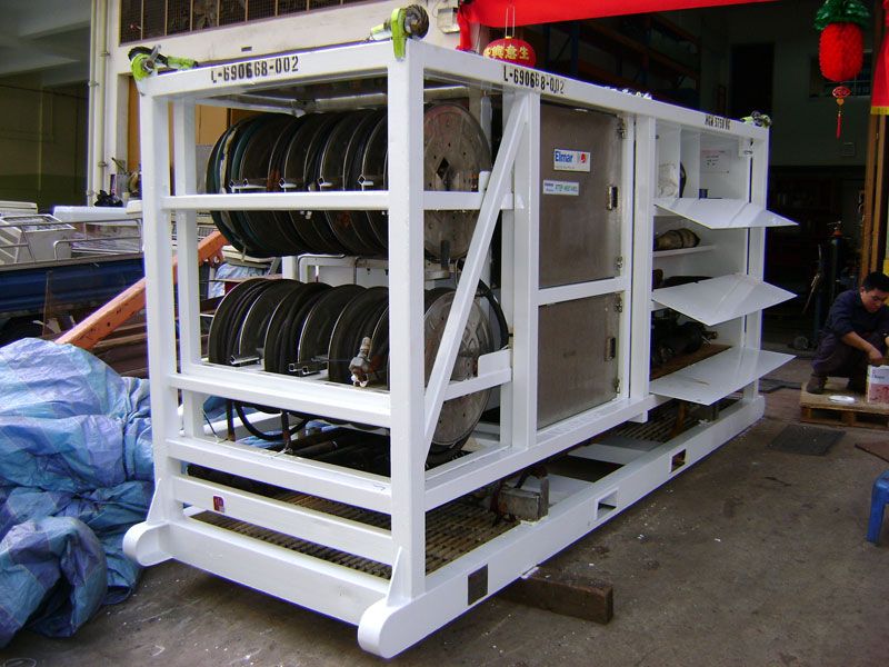White steel skid frame with reels, refurbished